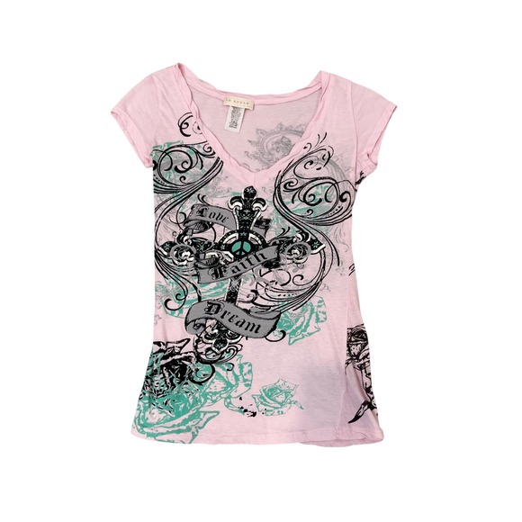 In Style Tops - Vintag Y2K McBling Graphic Tee Pink Cross Rose Tattoo USA Made SMALL In Style